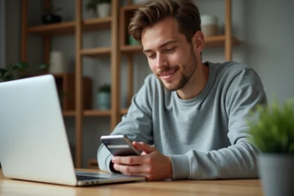 Homme utilisant son smartphone pour accéder à Google USA depuis une interface de navigateur mobile en 2026