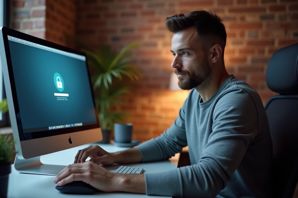 Homme accédant à un webmail sécurisé depuis son espace de travail à domicile sur un ordinateur de bureau