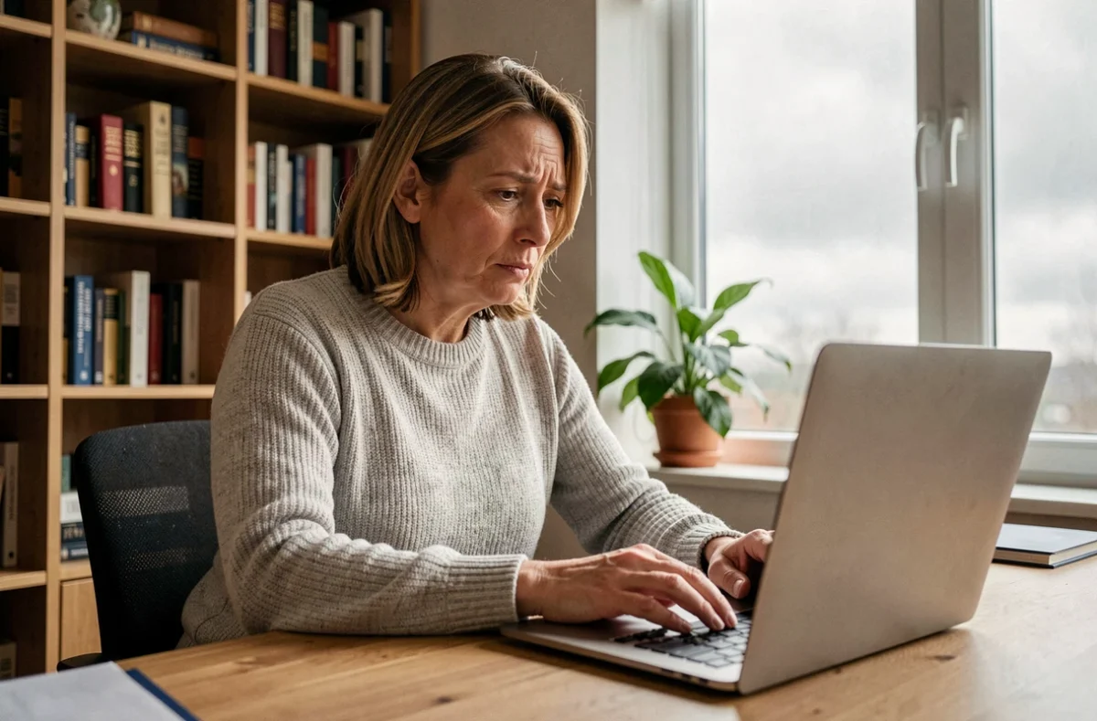 Femme en télétravail cherchant à accéder à son webmail Alice ADSL sur un ordinateur portable à son bureau à domicile