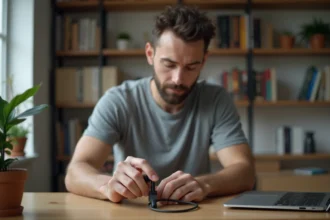 Homme branchant un adaptateur USB-C vers USB-A sur un ordinateur portable dans un bureau à domicile