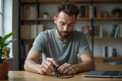 Homme branchant un adaptateur USB-C vers USB-A sur un ordinateur portable dans un bureau à domicile