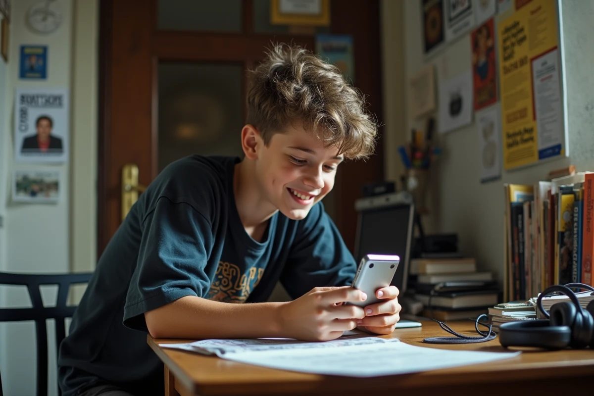 Adolescent utilisant téléphone Sony Ericsson Walkman à son bureau