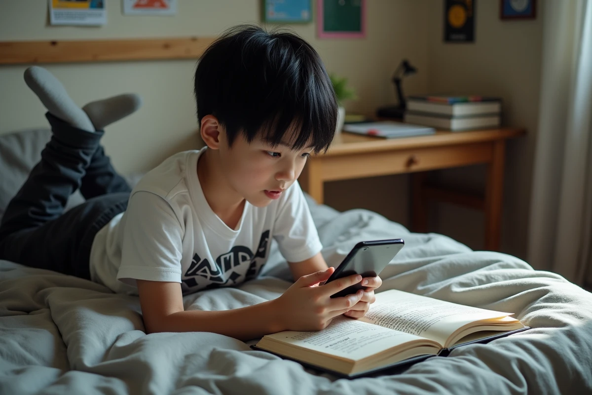 Adolescent allongé sur son lit comparant la lecture d'un manga physique et d'un scan sur smartphone dans une chambre typique