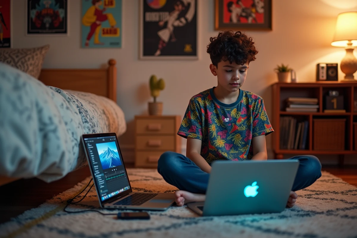 Adolescent connectant son iPhone à un MacBook avec GarageBand ouvert pour convertir une musique en sonnerie