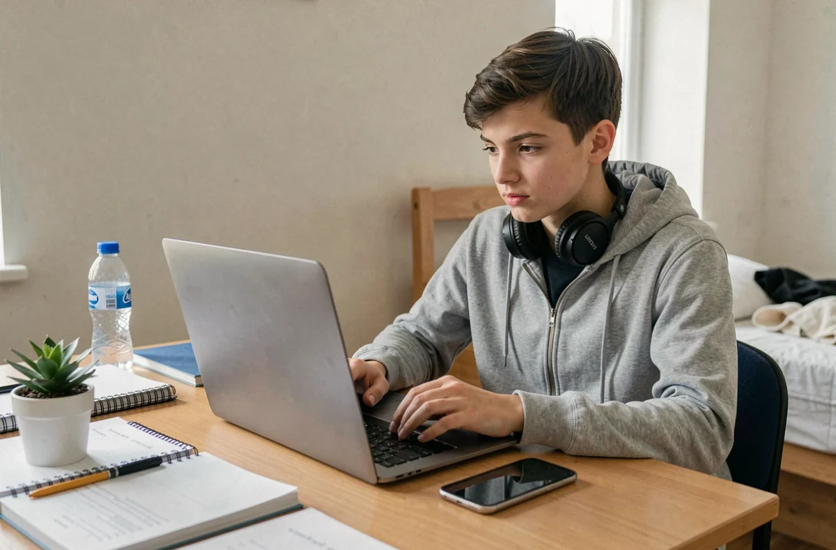 Adolescent téléchargeant de la musique YouTube en MP3 sur mobile et ordinateur portable dans sa chambre