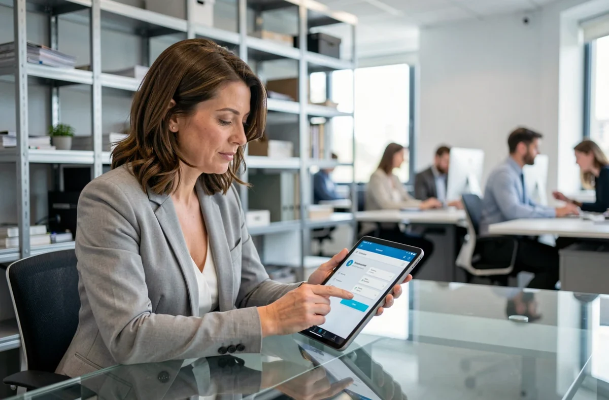 Consultante de l'agence Azetria présentant une solution web sur tablette dans un bureau moderne