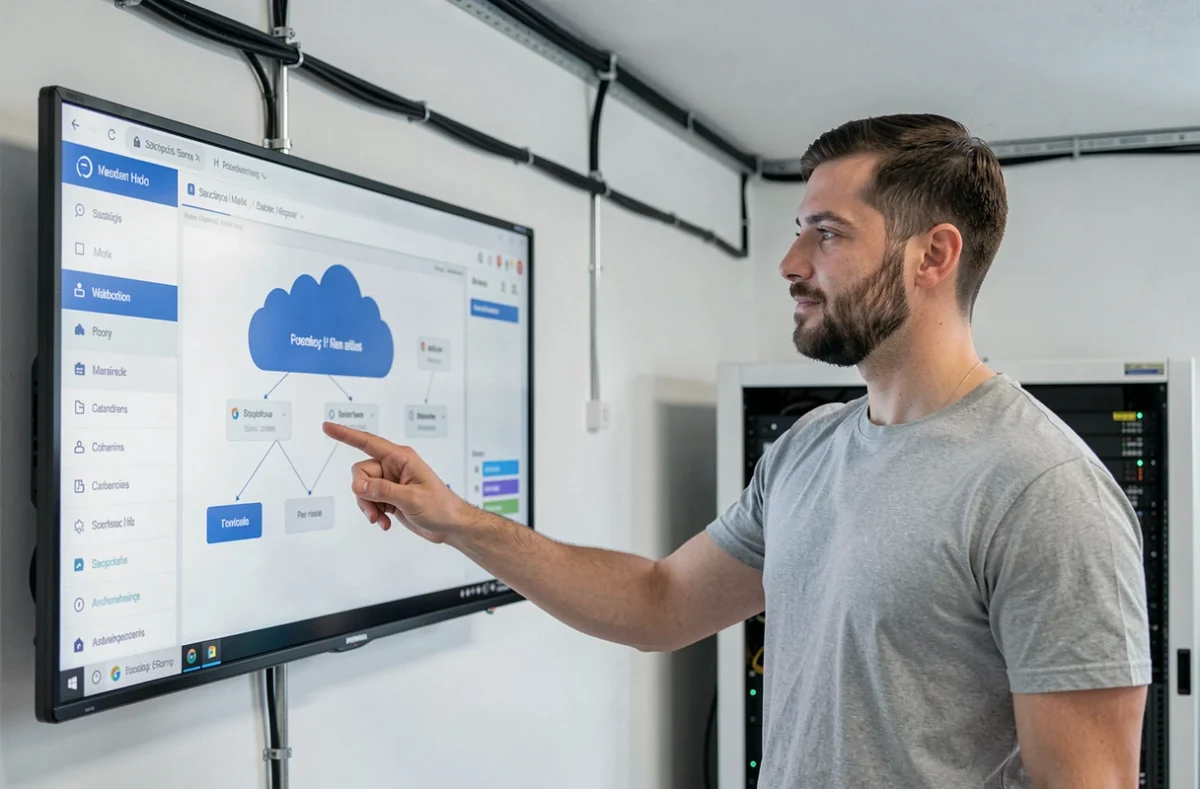 Développeur de l'agence iNuage expliquant une architecture cloud et hébergement web