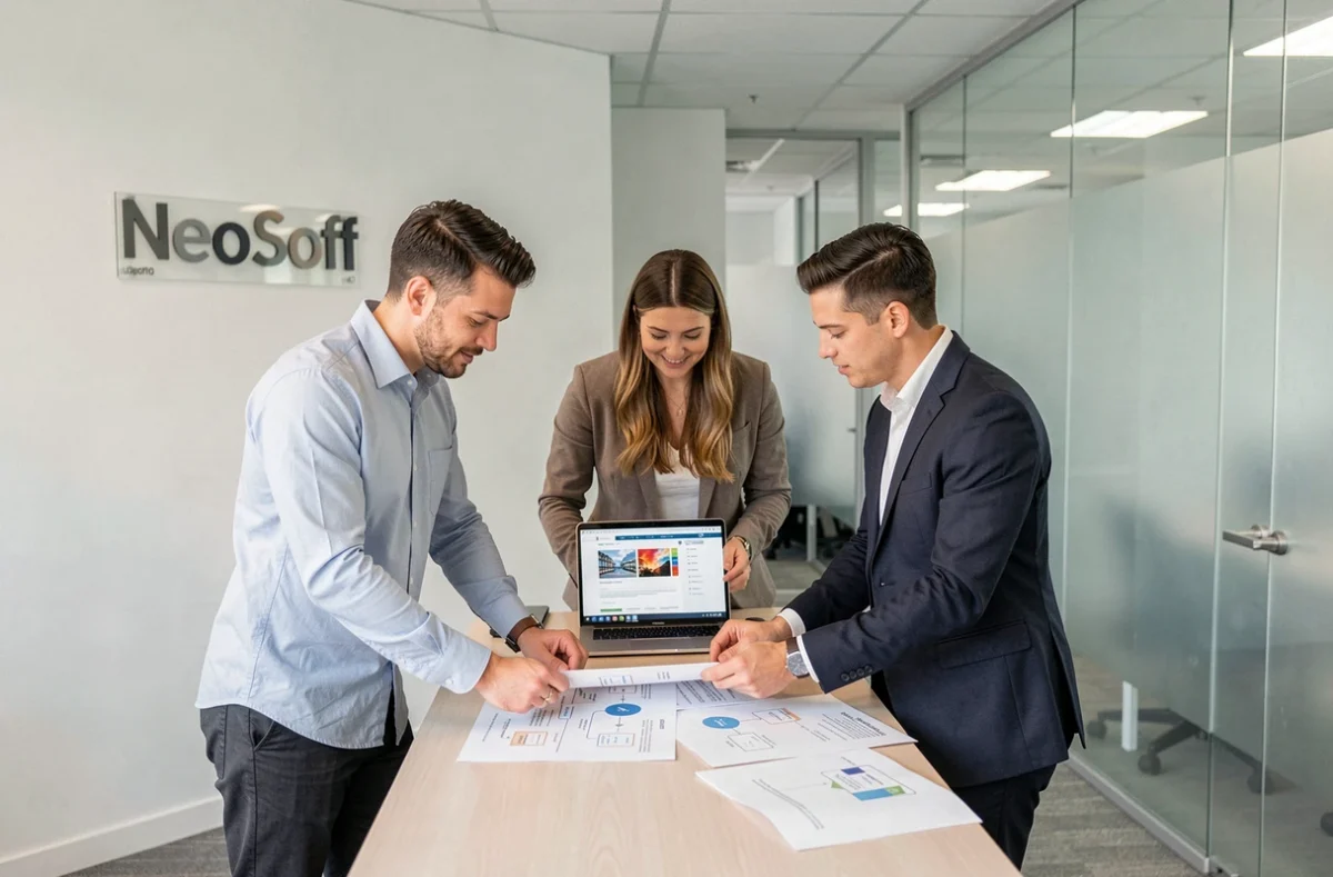 Équipe de NeoSoft collaborant sur un projet de développement web complexe dans leurs bureaux