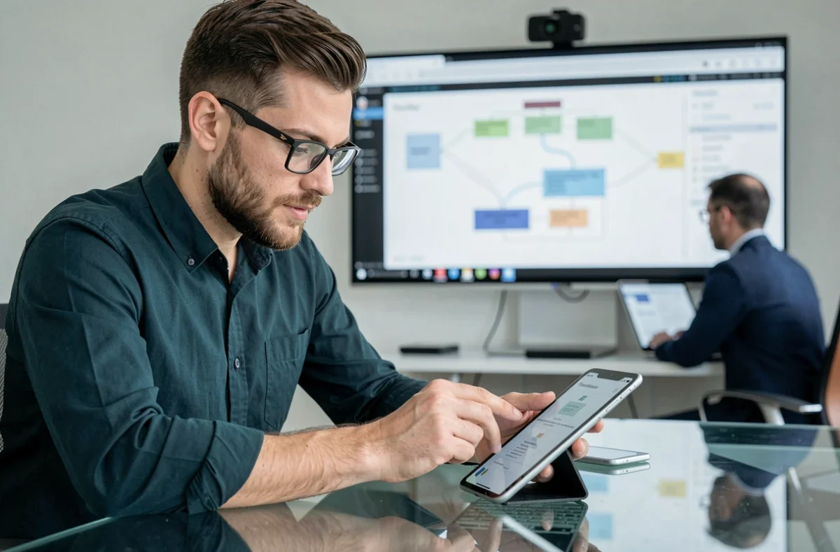 Designer UX de Screeningpass testant un prototype d'application mobile dans un studio tech moderne