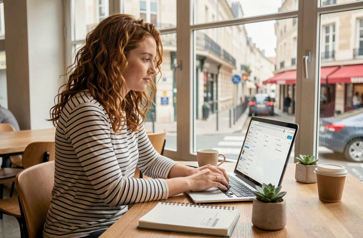 Développeuse de Webiteasy travaillant sur la création d'un site web dans un espace coworking