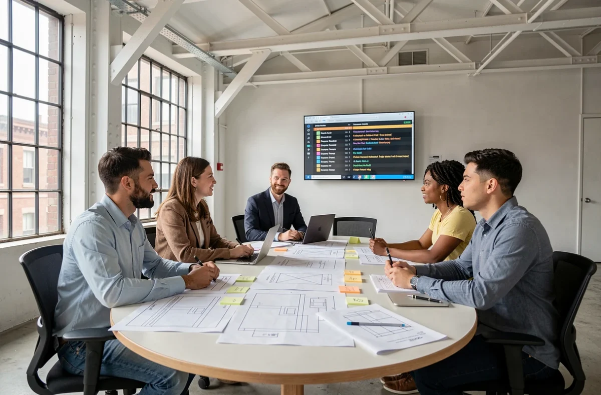 Équipe de Yield Studio lors d'un sprint de conception produit autour d'une table de réunion