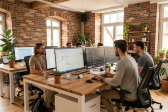 Équipe de développeurs web collaborant dans un espace de travail moderne dans les Pays de la Loire