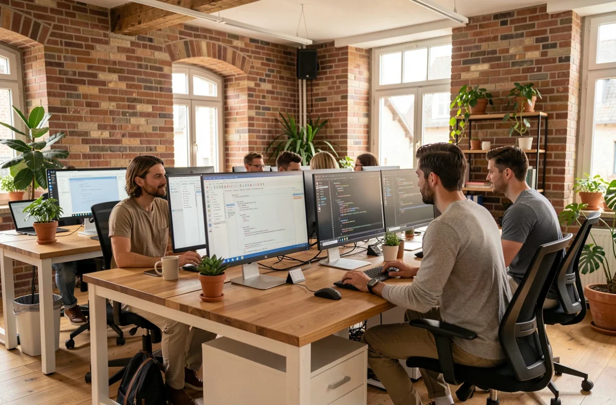 Équipe de développeurs web collaborant dans un espace de travail moderne dans les Pays de la Loire