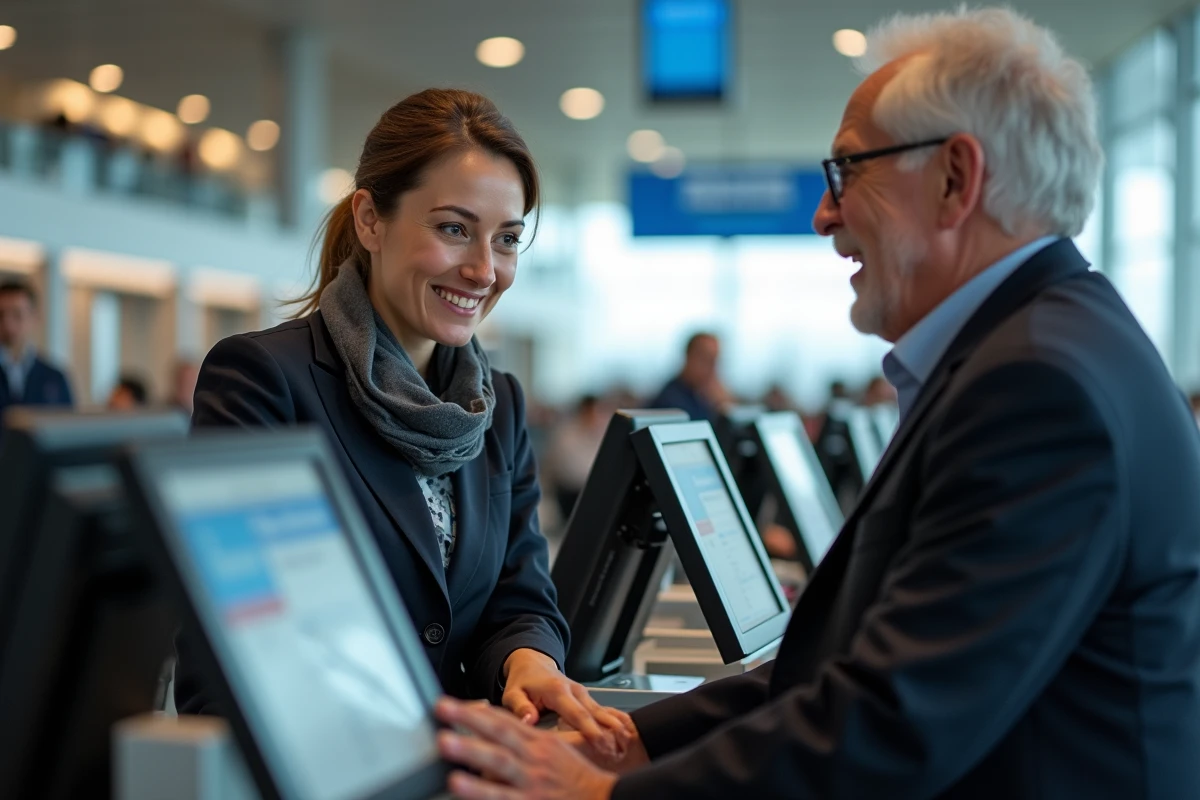 Agent de compagnie aérienne aide un homme âgé au comptoir
