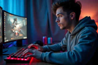Jeune homme concentré en train de taper rapidement sur un clavier mécanique gaming pour améliorer sa vitesse de frappe