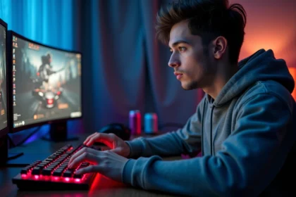 Jeune homme concentré en train de taper rapidement sur un clavier mécanique gaming pour améliorer sa vitesse de frappe