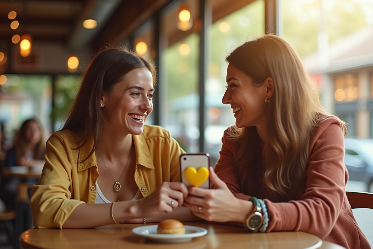 Deux amis souriants partageant un emoji cœur jaune au café