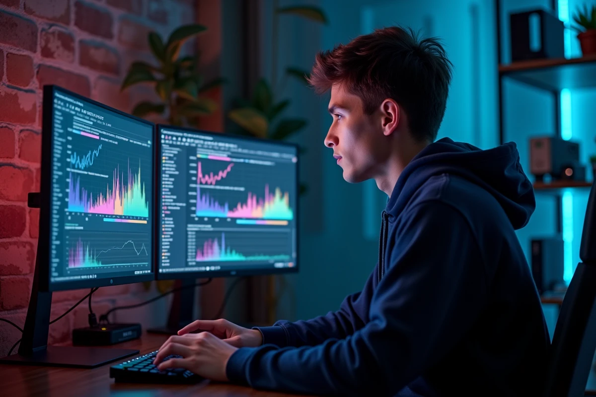 Jeune homme analysant des graphiques de ping et de latence réseau sur deux écrans dans un bureau à domicile moderne