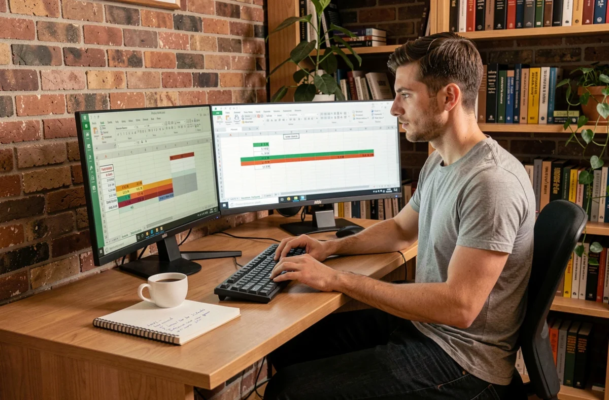 Analyste de données travaillant sur un double écran avec des formules de différence de dates Excel dans un bureau à domicile