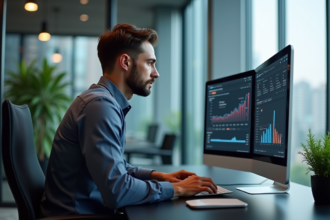 Homme d affaires analysant des données SEO sur deux écrans dans un bureau moderne