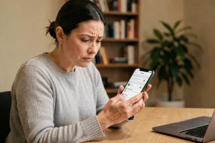 Femme consultant les paramètres de confidentialité de son iPhone dans un bureau à domicile moderne