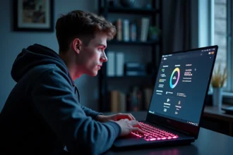 Jeune homme utilisant Armory Crate sur un laptop gaming ASUS ROG pour optimiser la batterie et les températures
