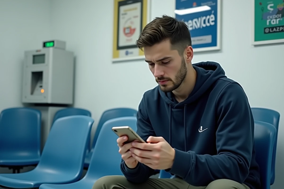 Jeune homme en attente dans un centre de service après-vente pour une réparation de téléphone sous garantie