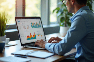 Professionnel analysant un graphique SEO dans un bureau lumineux