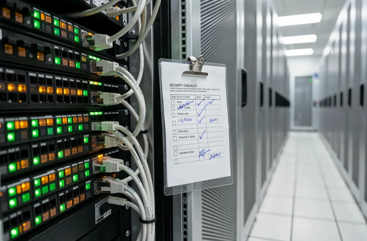 Baie de serveurs professionnelle avec checklist de sécurité et câblage organisé dans un couloir de centre de données