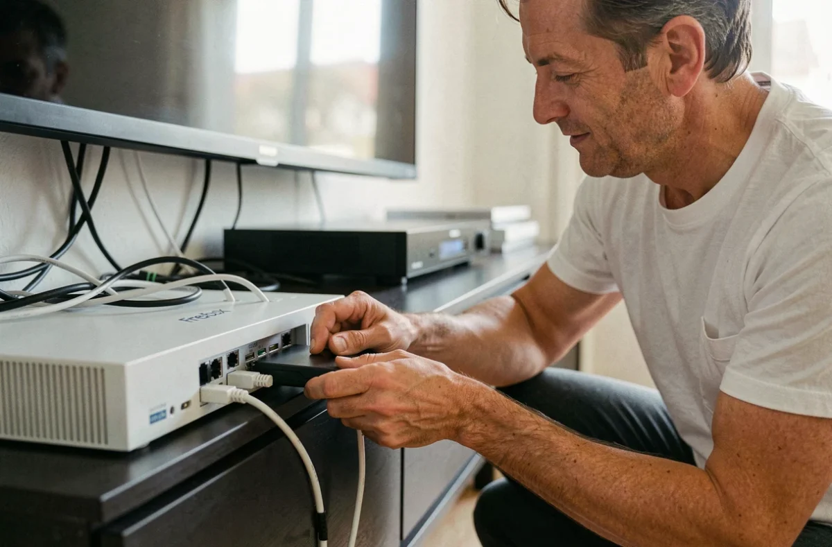 Homme branchant un disque dur portable sur une Freebox Revolution dans un meuble TV de salon