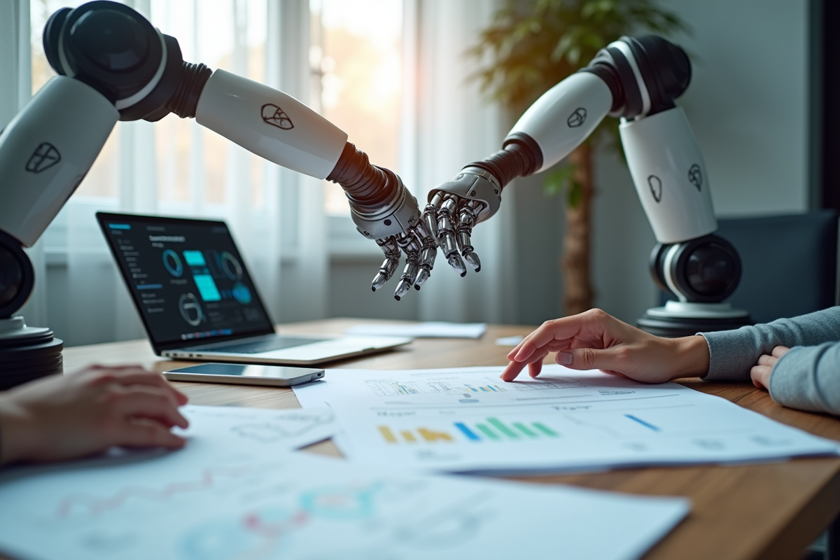 Bras robotique et mains humaines sur un bureau avec diagramme AI