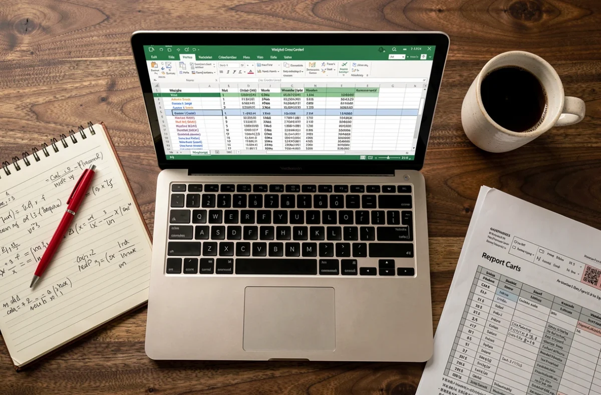 Vue aérienne d'un bureau avec ordinateur portable Excel affichant des moyennes pondérées, cahier de calculs et bulletin scolaire imprimé