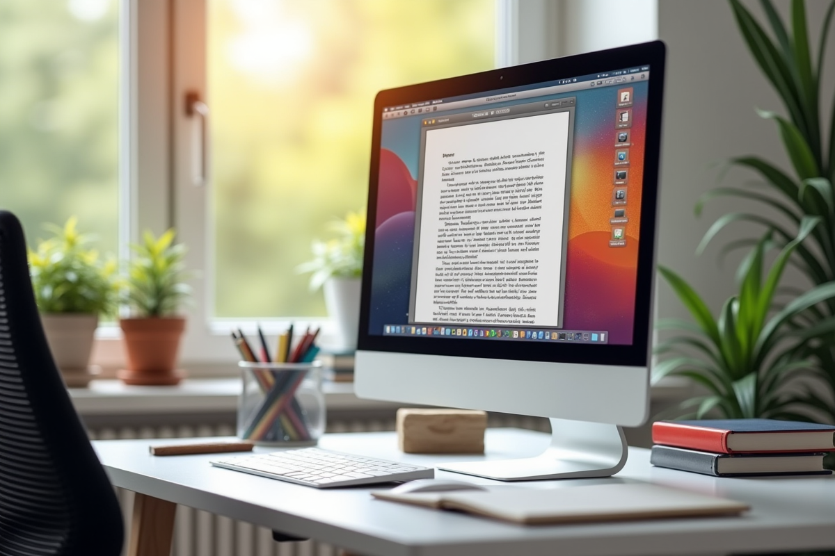 Bureau à domicile avec un ordinateur affichant un document en cours d