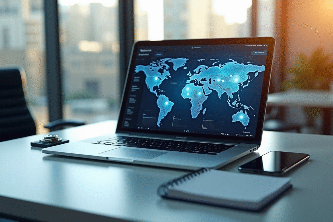 Bureau moderne avec tableau de bord de securite sur un ordinateur portable