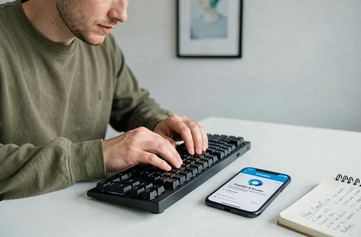 Jeune homme prenant des notes sur le prix de ChatGPT 5 en France avec un smartphone affichant les tarifs en euros