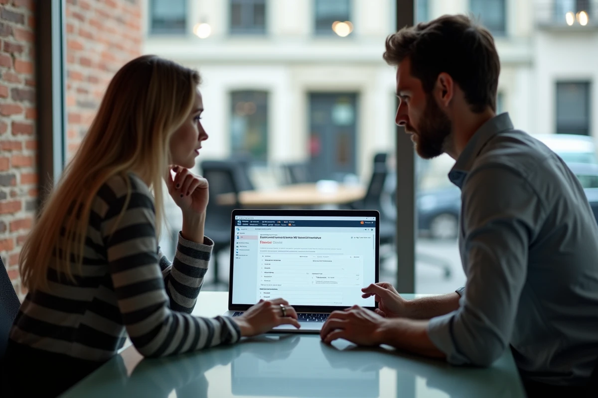 Deux collègues discutant de la meilleure traduction française du terme features sur un logiciel de traduction en open space