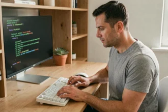 Développeur adulte tapant sur un clavier mécanique QWERTY blanc dans un bureau home office minimaliste avec du code affiché à l'écran