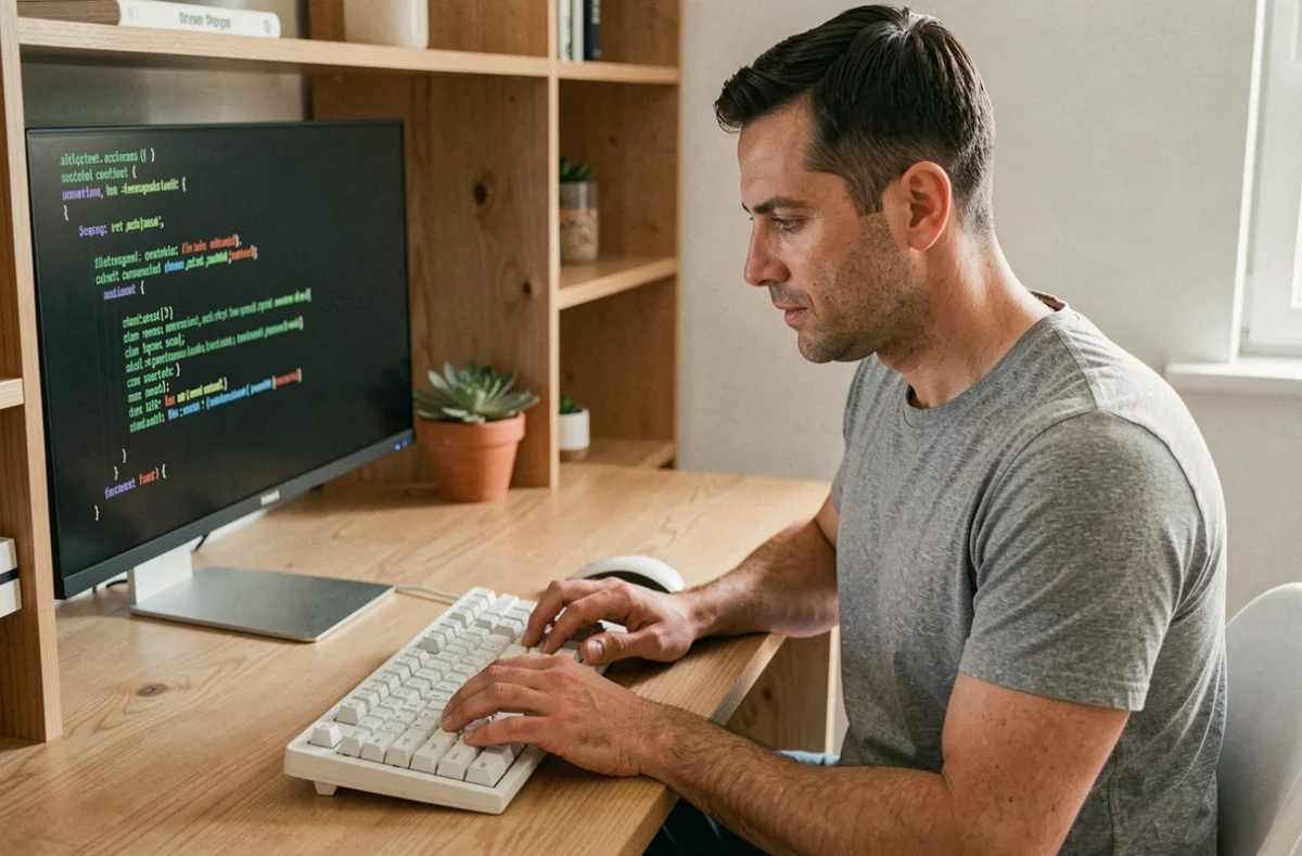 Développeur adulte tapant sur un clavier mécanique QWERTY blanc dans un bureau home office minimaliste avec du code affiché à l'écran