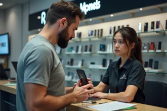 Client présentant un smartphone cassé au comptoir d'un service après-vente Mobile Galaxy
