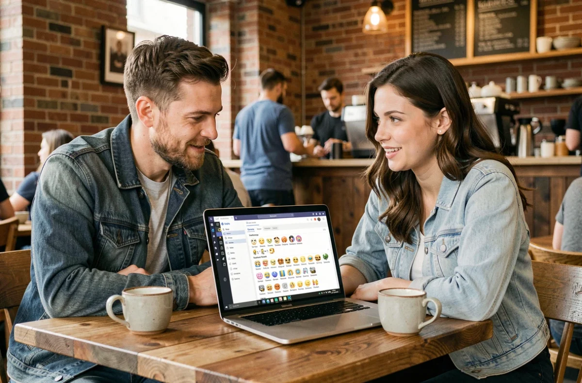 Deux adultes collaborant sur l'organisation d'emojis Discord sur un ordinateur portable dans un café