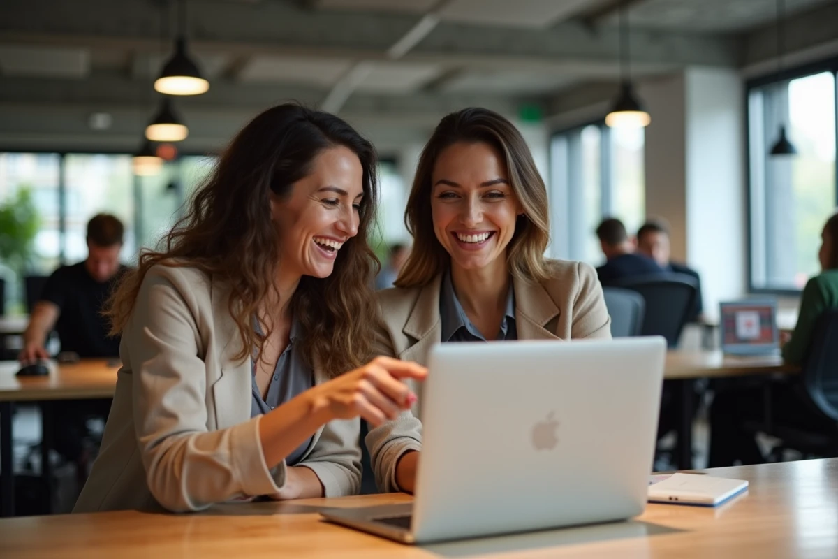 Deux collègues dans un espace de coworking consultant un site de classement de ping sur un ordinateur portable