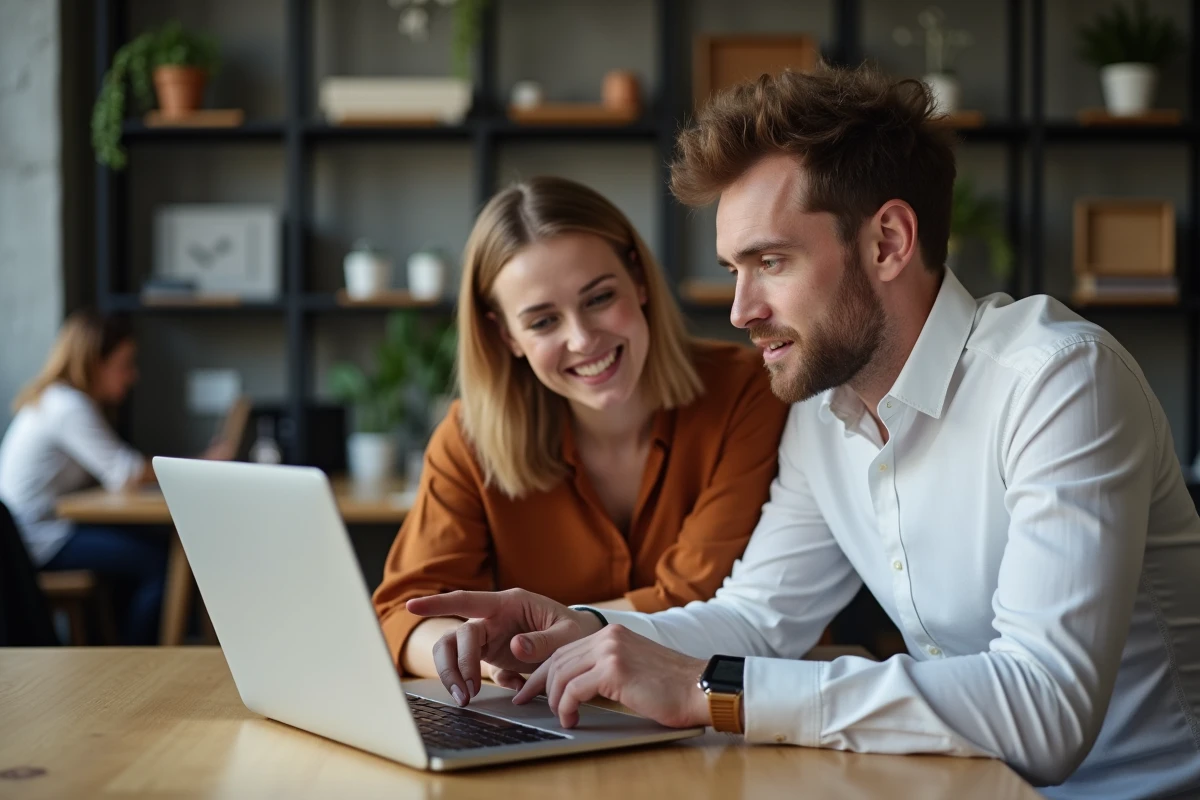 Deux collègues résolvant un problème de partage de fichier Excel dans un espace de coworking moderne