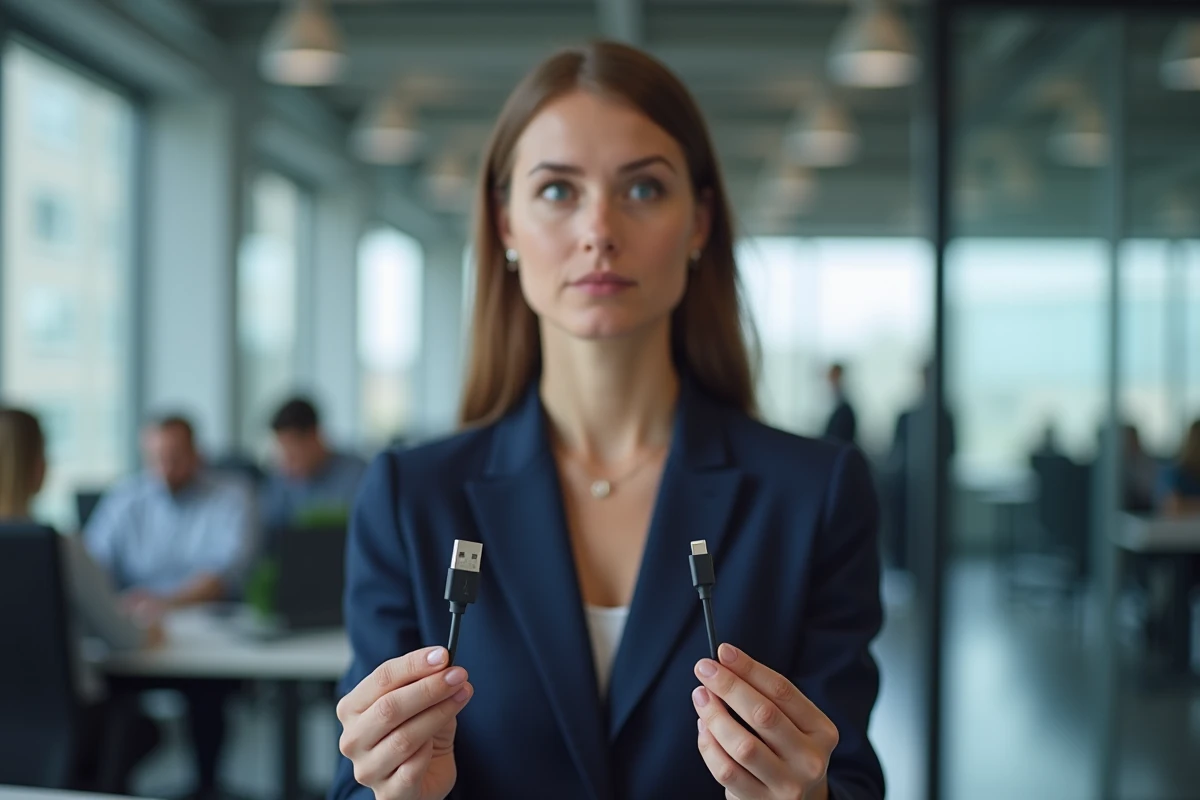 Femme tenant un câble USB-C et un câble USB-A pour les comparer dans un bureau moderne