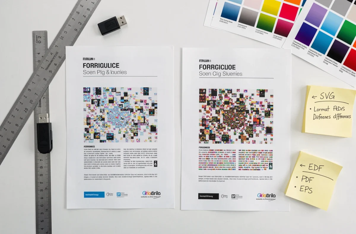 Vue à plat d'épreuves imprimées comparant la qualité SVG et formats alternatifs PDF et EPS sur un bureau de conception graphique