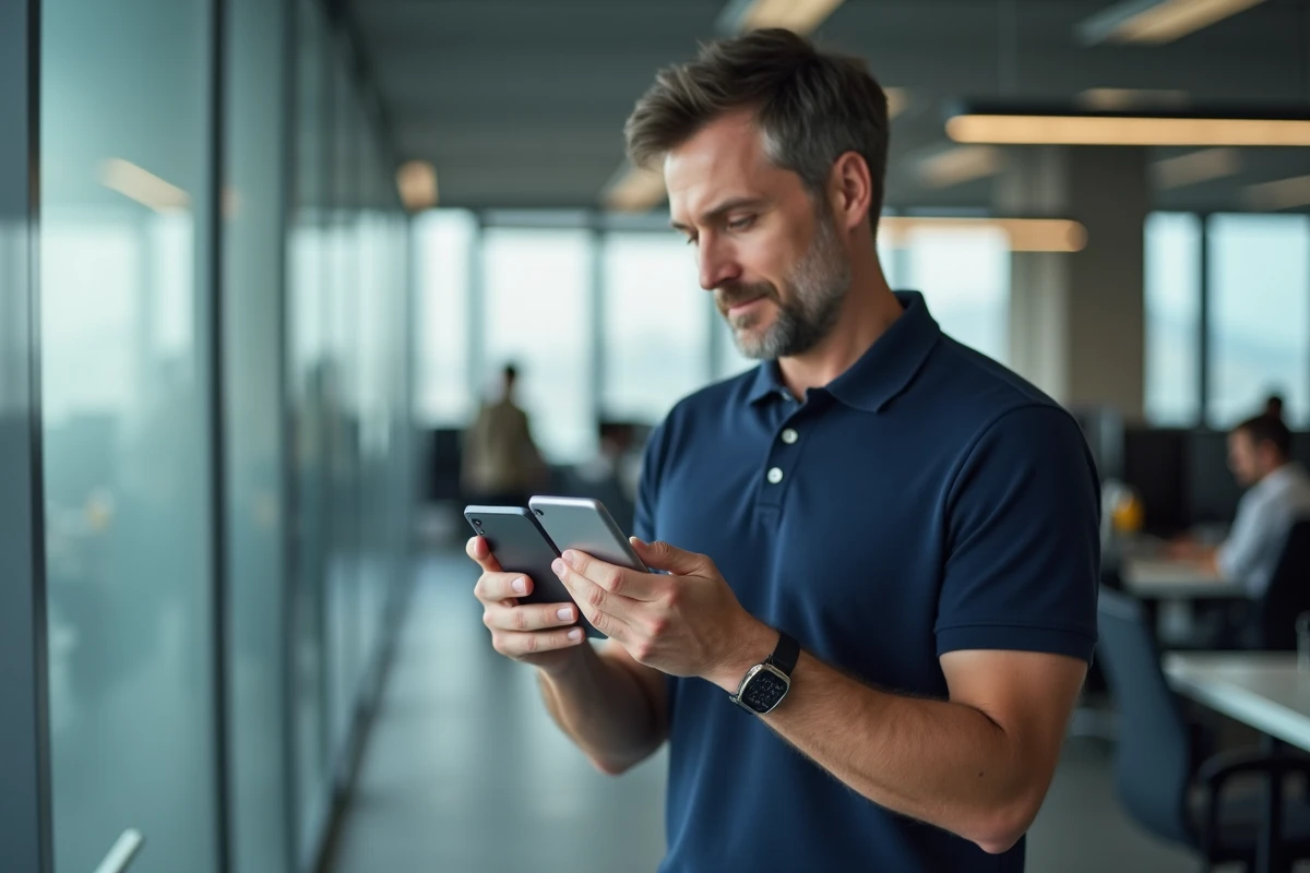 Homme en bureau comparant les résultats de Google USA et Google local sur son téléphone mobile