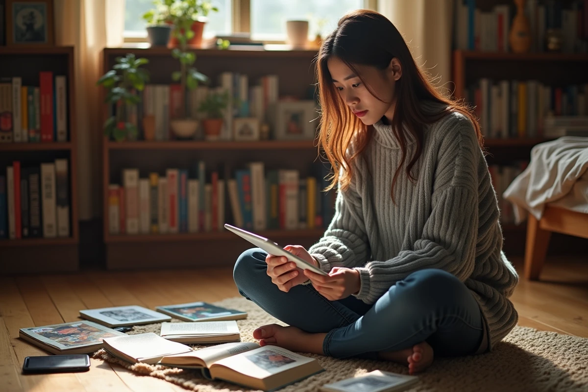 Jeune femme comparant une lecture manga physique et numérique sur tablette, assise entourée de volumes de bandes dessinées