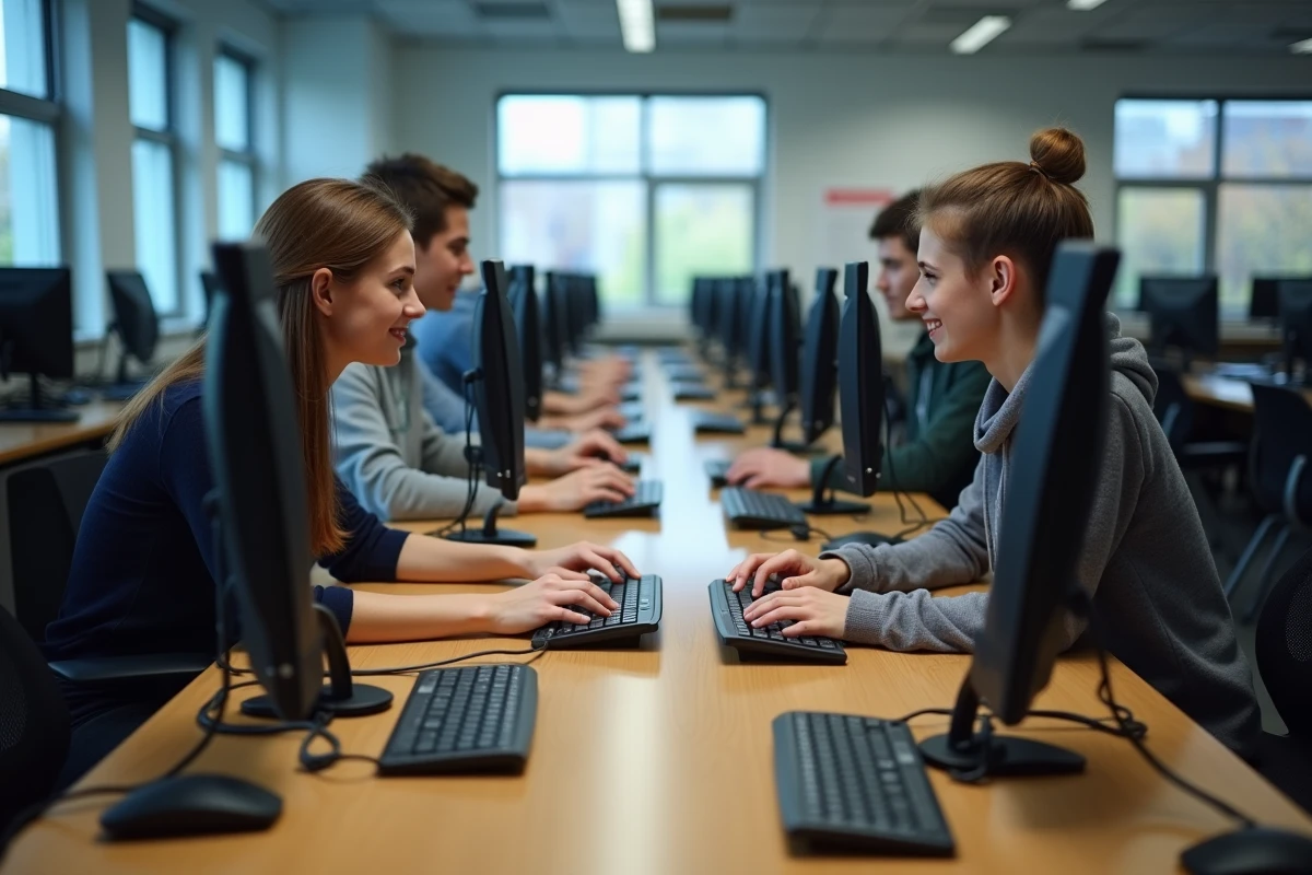 Deux étudiants en compétition de vitesse de frappe au clavier dans une salle informatique universitaire