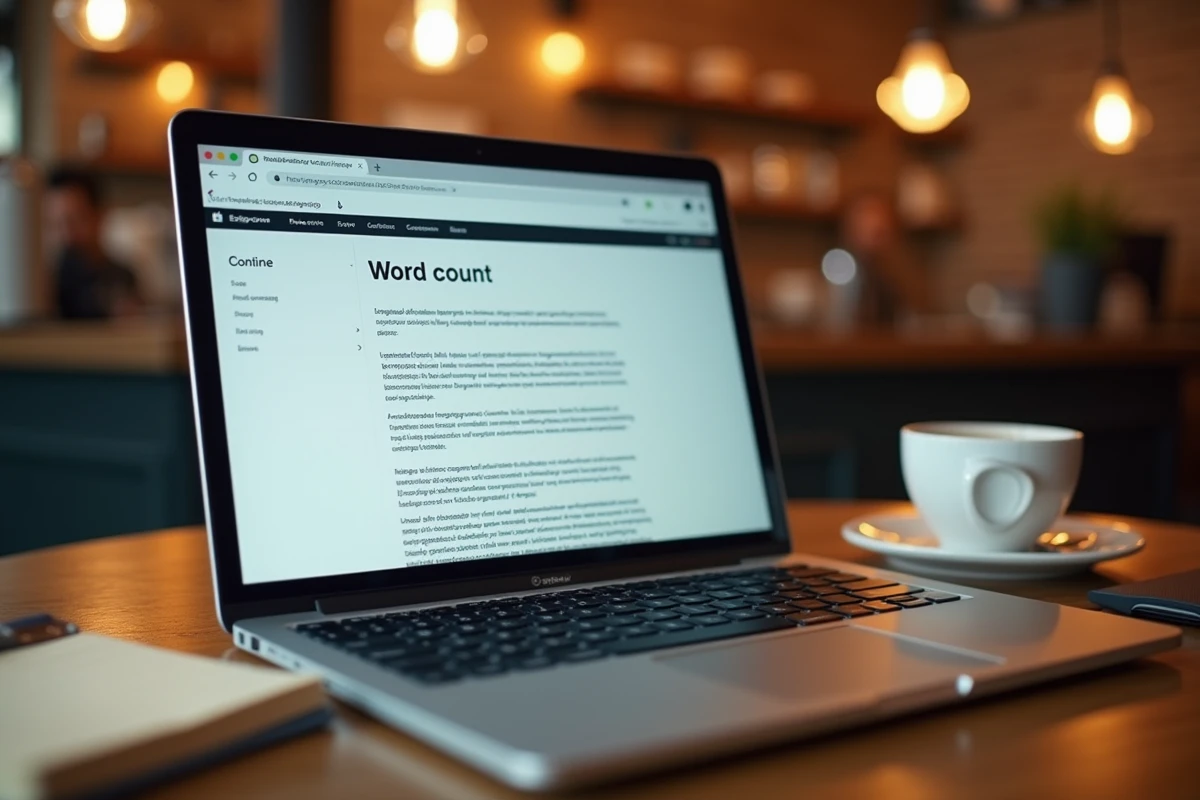 Ordinateur portable affichant un compteur de mots en ligne sécurisé sur une table de café avec un carnet et un café