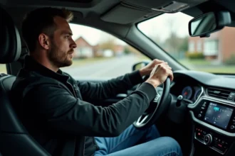Conducteur homme concentré dans une voiture moderne