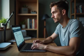 Homme configurant l'adresse IP de sa box internet sur un ordinateur portable avec interface d'administration du routeur visible